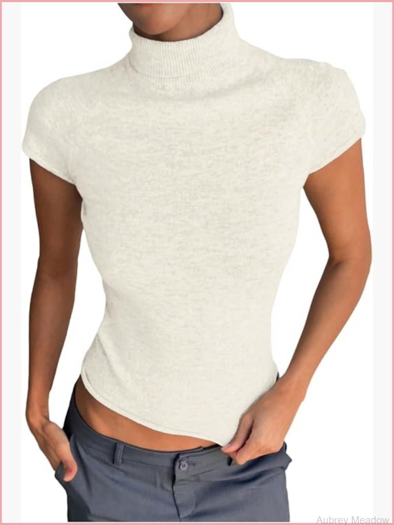 Cropped Turtleneck Sweater, Cap Sleeve Knit Top, Lightweight Pullover